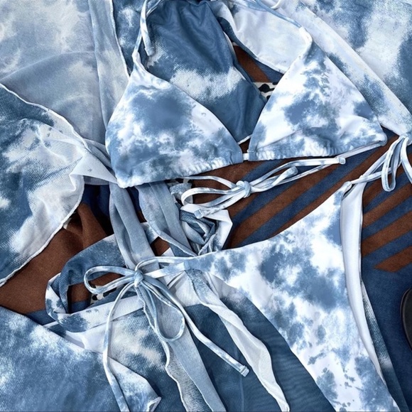 Baby Blue Boho Beachy Tie Dye 4 Piece Bikini Set - Picture 4 of 5